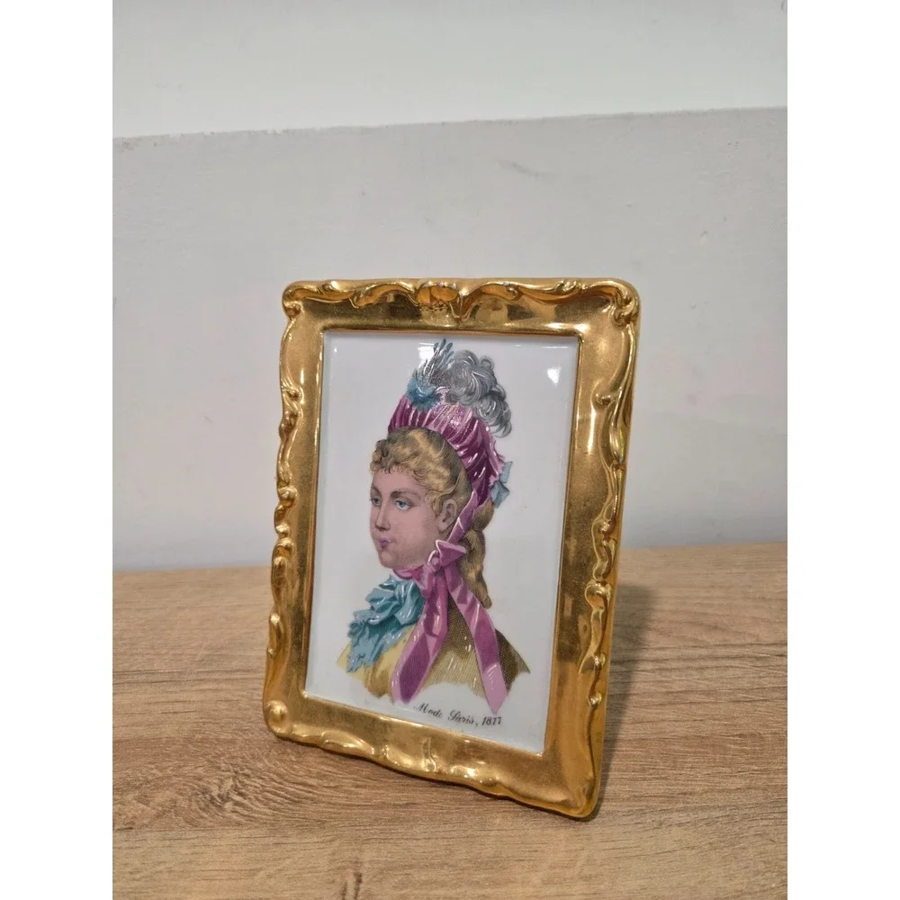 Vintage F M Limoges France Porcelain Hand Painted Picture Portrait Gilded 6''
